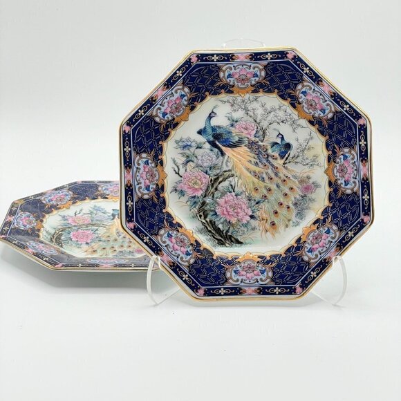 Vintage Set Octagonal Peacock Chinoiserie Transferware Porcelain Plates Japan - Picture 1 of 7